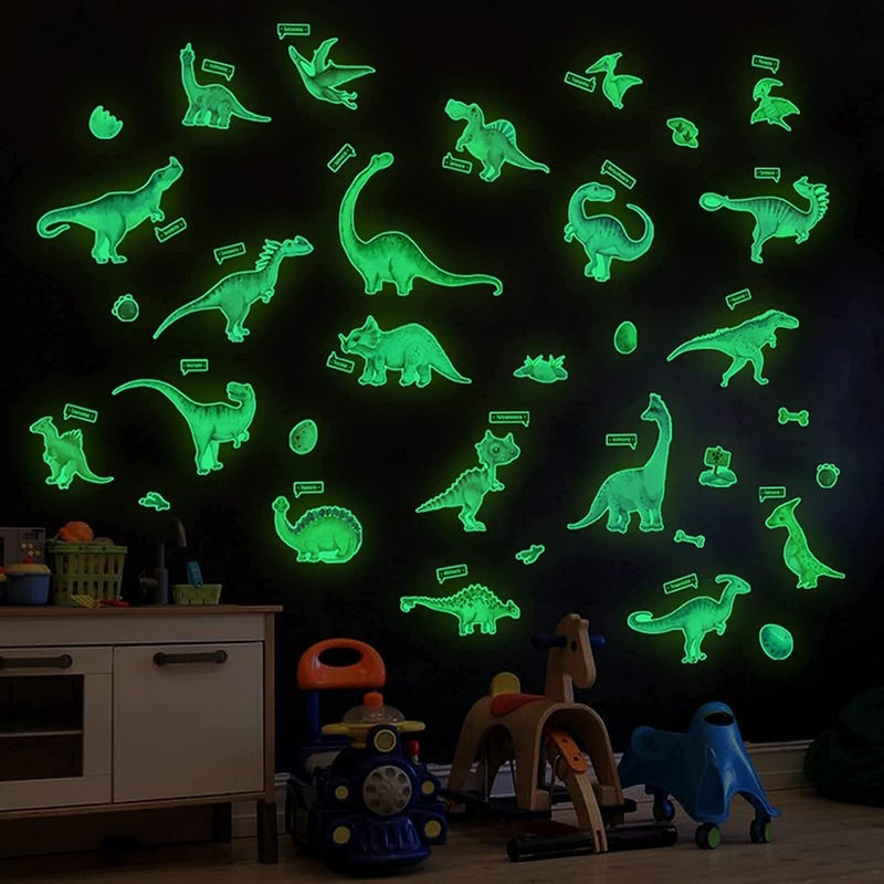 Robmoda Glow in The Dark Dinosaur Wall Decals, Glowing Stickers for Ceiling, Boys Bedroom Decoration, Large Luminous Removable Dinosaur Wall Decor for Nursery, Kids Birthday Gift - Image 1